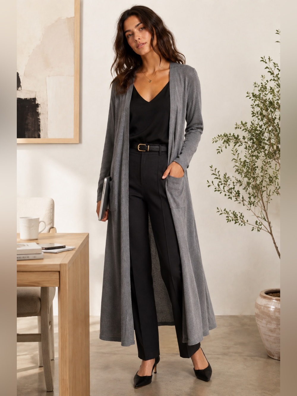 Cotton Emporium Gray Ribbed Maxi Duster Cardigan Open Front M